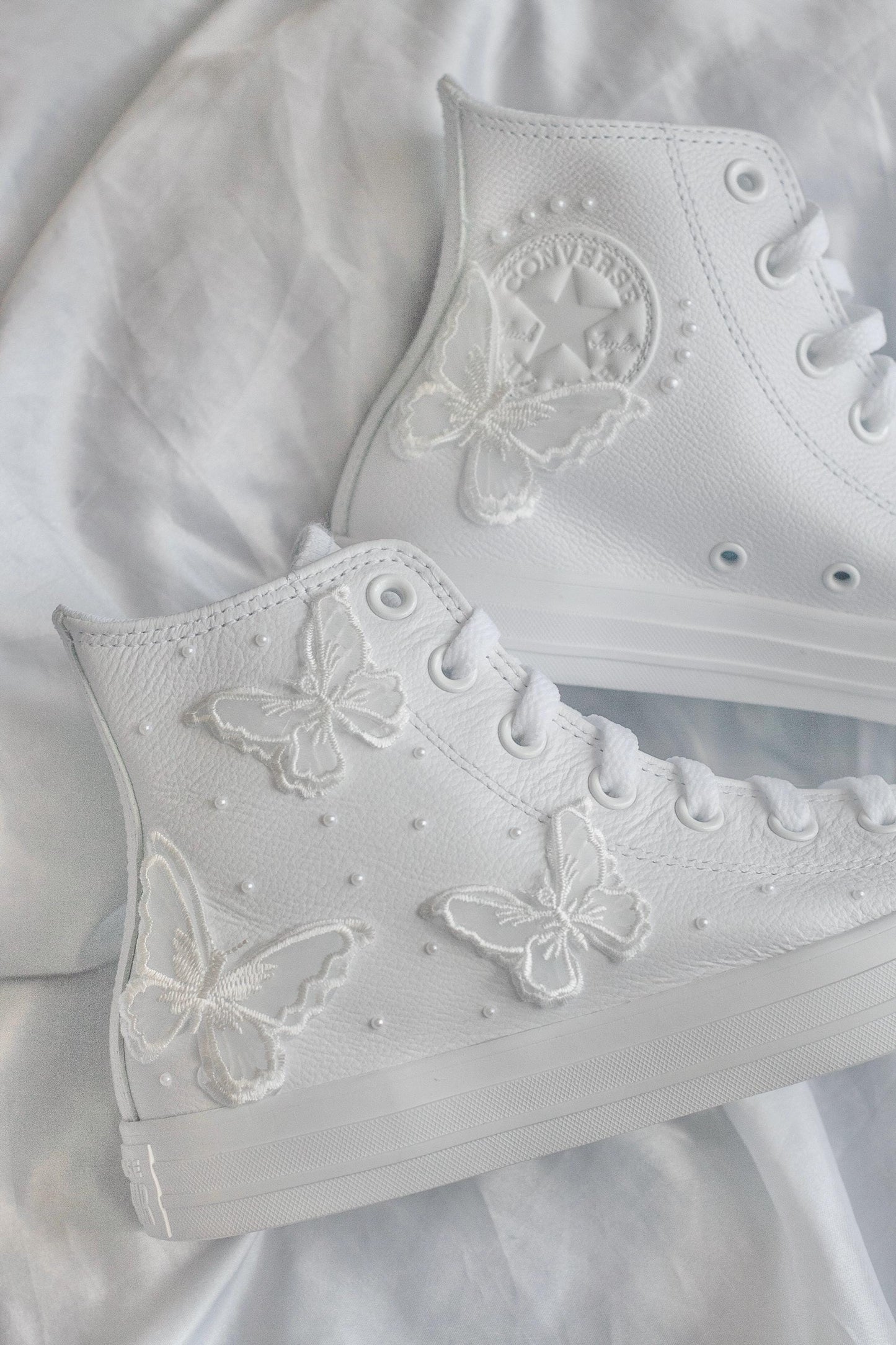 Bespoke Butterfly Pearl Embroidered Leather Bridal Sneakers
