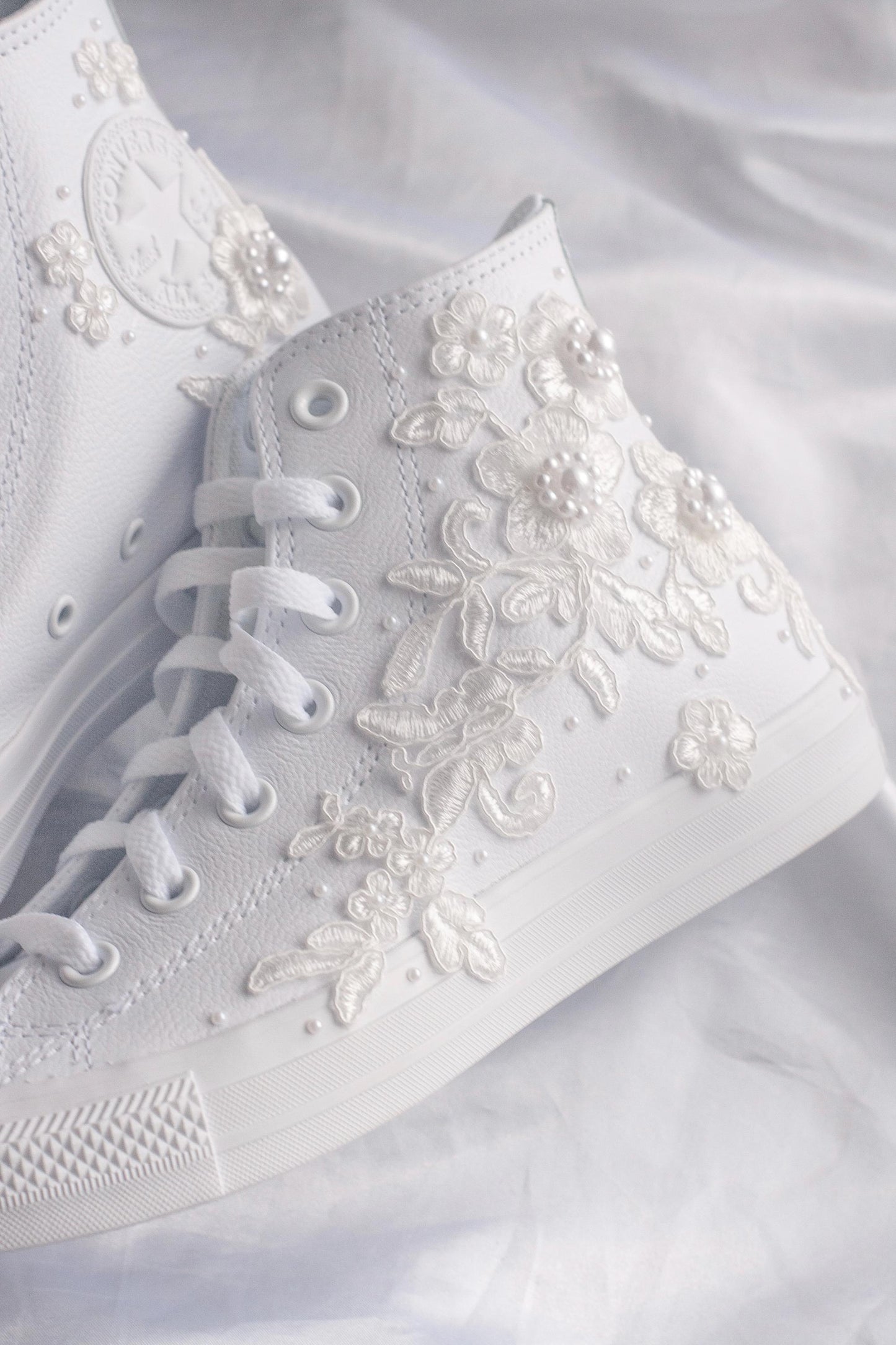 White Lace Embroidered Bridal Leather Sneakers