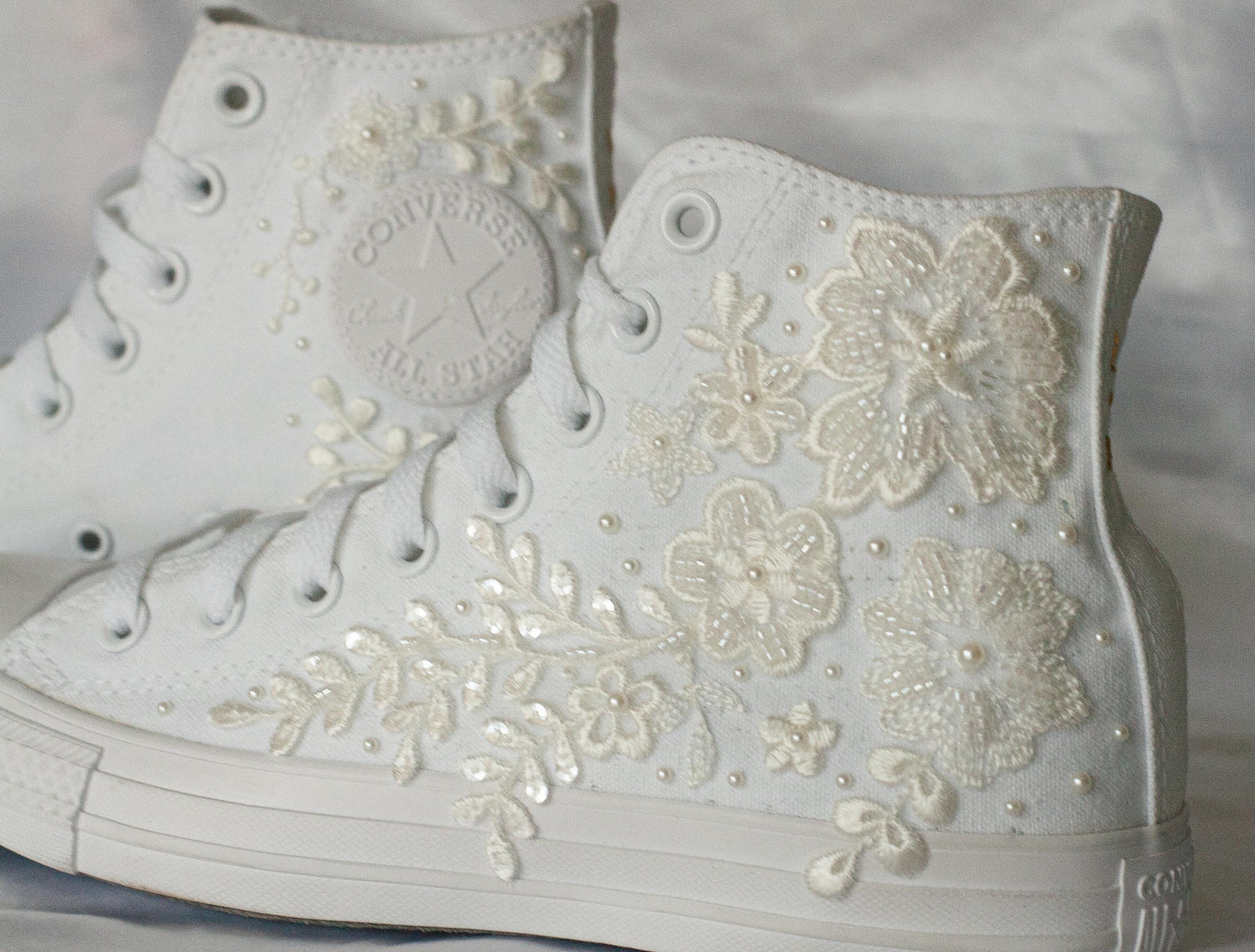 Bespoke Off-White Beaded Luxury Embroidered Pearl Bridal Sneakers