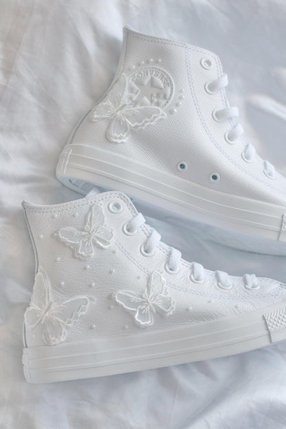 Bespoke Butterfly Pearl Embroidered Leather Bridal Sneakers