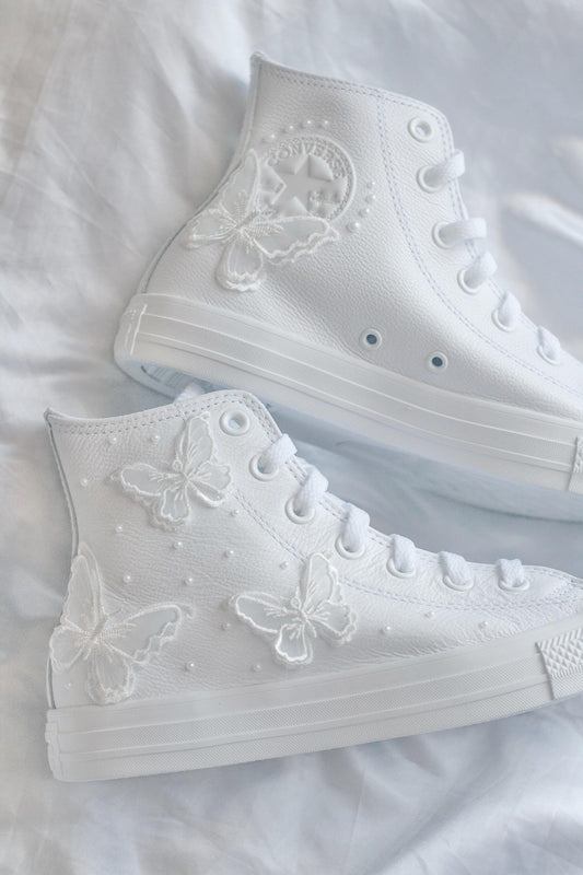 Bespoke Butterfly Pearl Embroidered Leather Bridal Sneakers