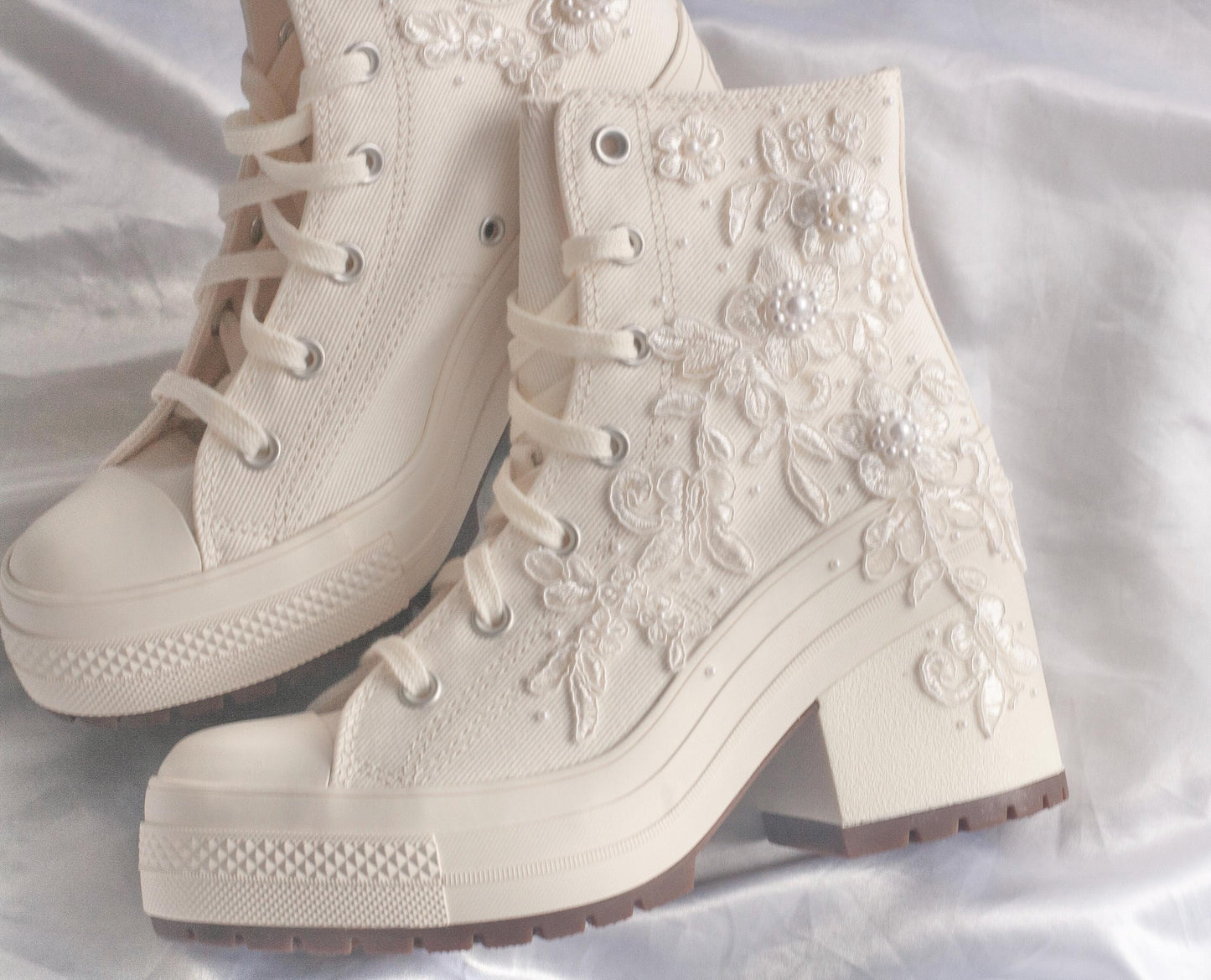 White Lace Embroidered Bridal Heeled Sneakers