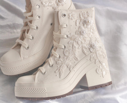 White Lace Embroidered Bridal Heeled Sneakers