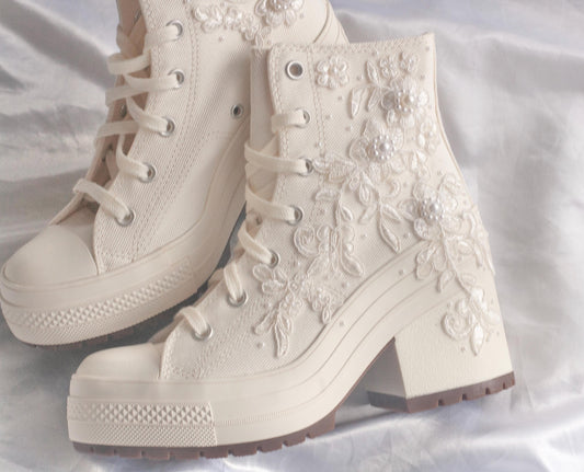 White Lace Embroidered Bridal Heeled Sneakers