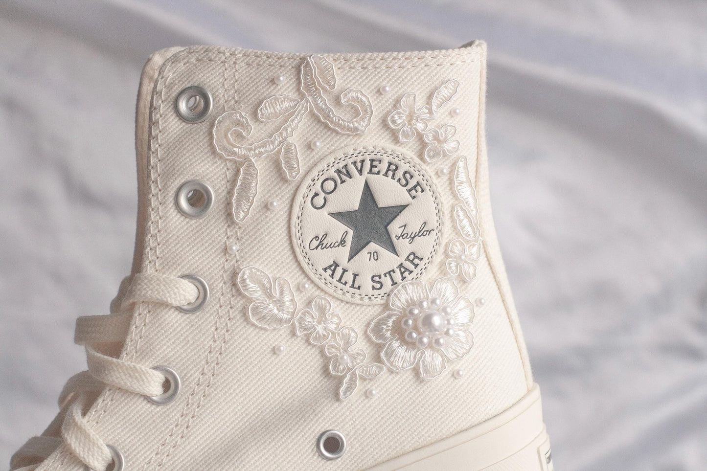 White Lace Embroidered Bridal Heeled Sneakers