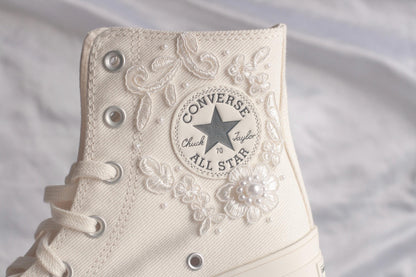 White Lace Embroidered Bridal Heeled Sneakers