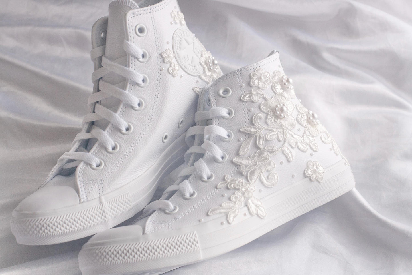 White Lace Embroidered Bridal Leather Sneakers