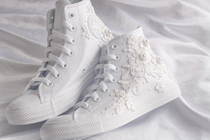 White Lace Embroidered Bridal Leather Sneakers