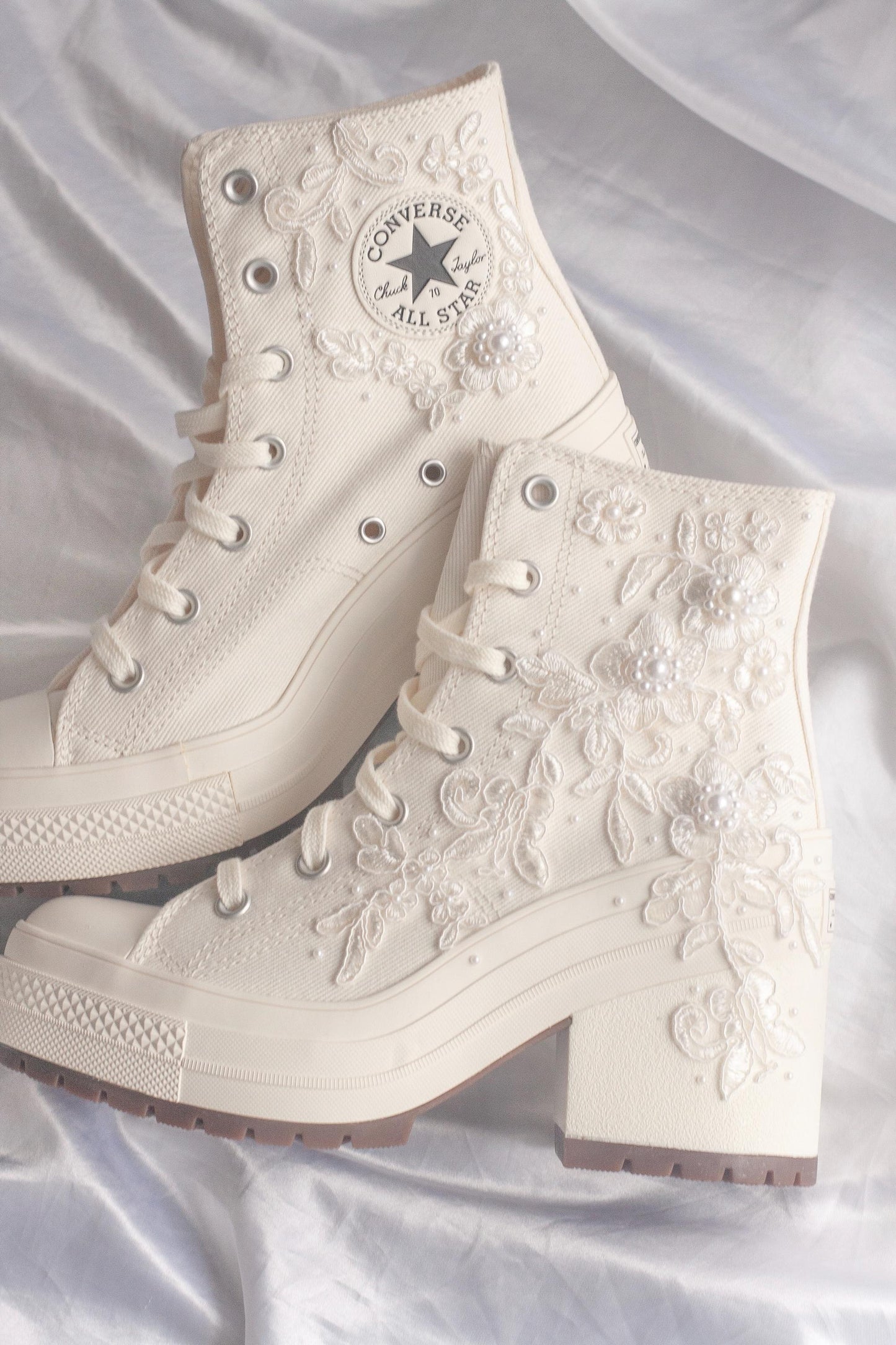 White Lace Embroidered Bridal Heeled Sneakers