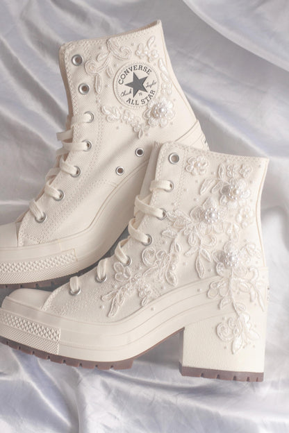White Lace Embroidered Bridal Heeled Sneakers
