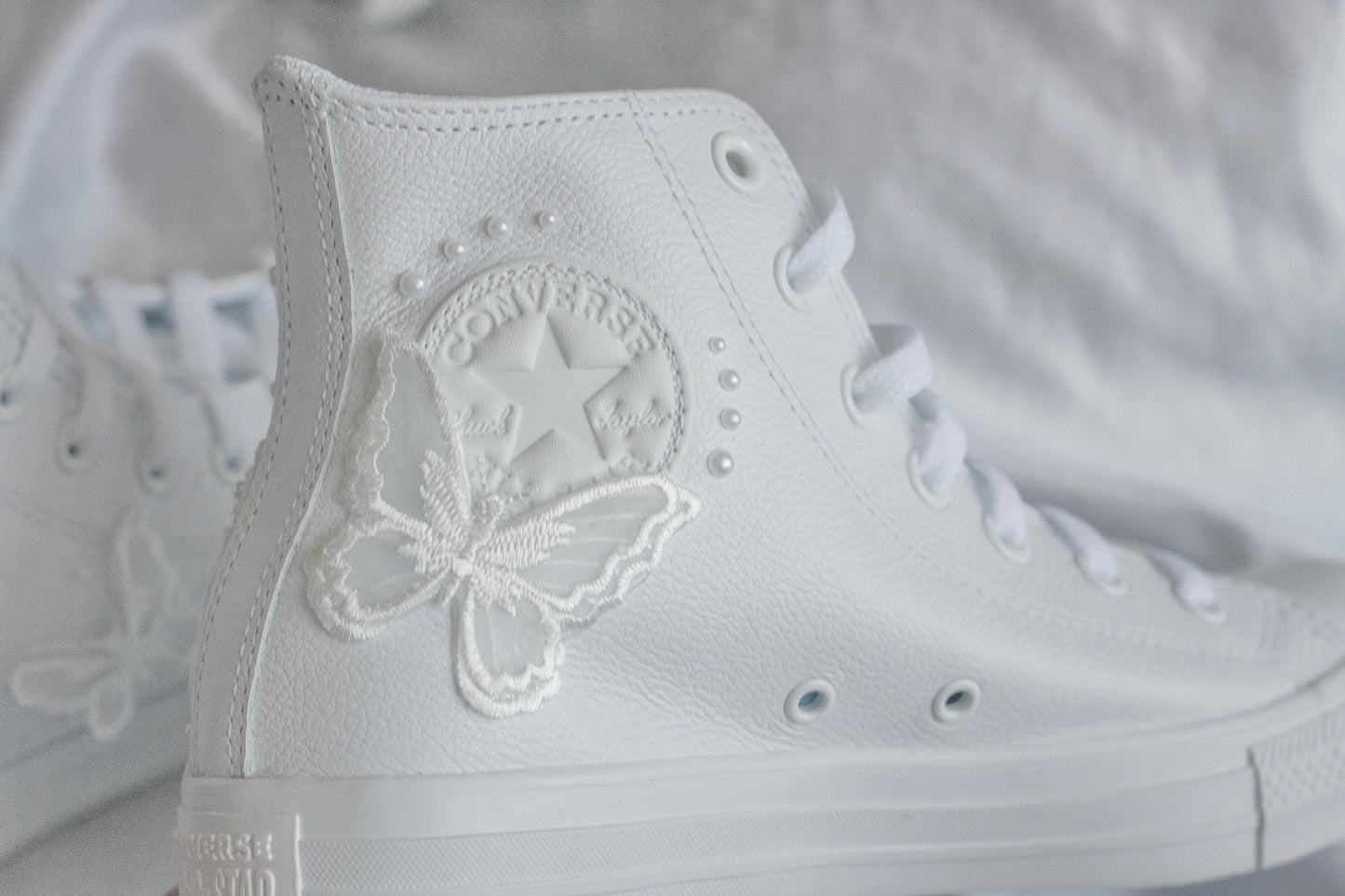 Bespoke Butterfly Pearl Embroidered Leather Bridal Sneakers