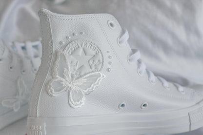 Bespoke Butterfly Pearl Embroidered Leather Bridal Sneakers