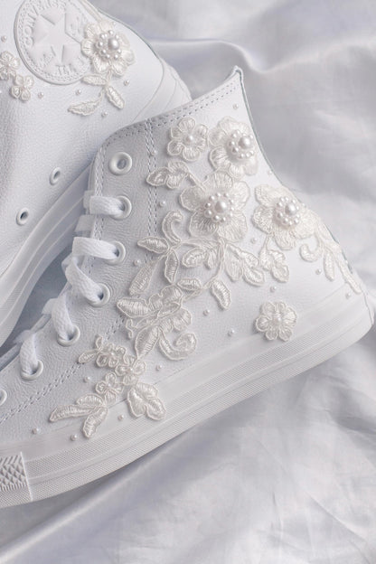White Lace Embroidered Bridal Leather Sneakers
