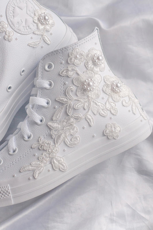 White Lace Embroidered Bridal Leather Sneakers