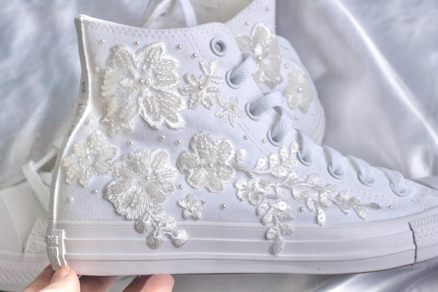 Bespoke Off-White Beaded Luxury Embroidered Pearl Bridal Sneakers