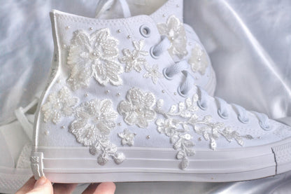 Bespoke Off-White Beaded Luxury Embroidered Pearl Bridal Sneakers