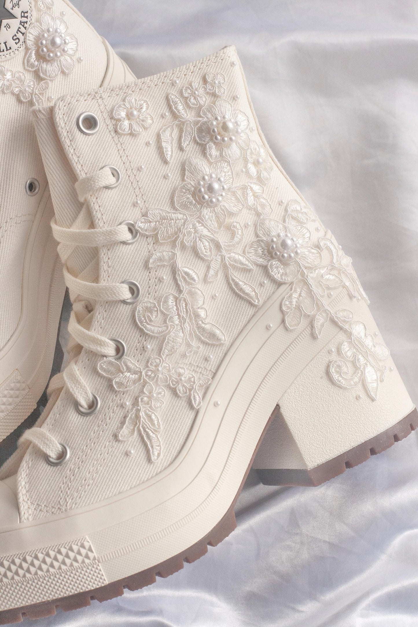 White Lace Embroidered Bridal Heeled Sneakers