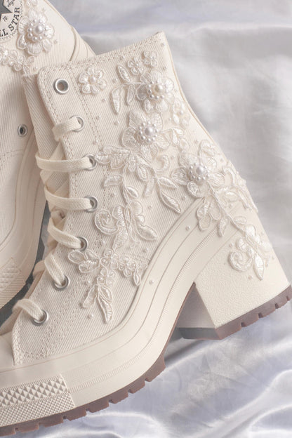 White Lace Embroidered Bridal Heeled Sneakers