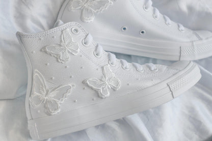 Bespoke Butterfly Pearl Embroidered Leather Bridal Sneakers