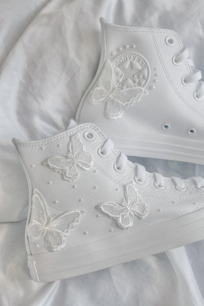 Bespoke Butterfly Pearl Embroidered Leather Bridal Sneakers