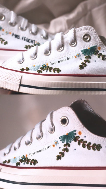 Custom Floral Embroidered Bridal Low-top Sneakers