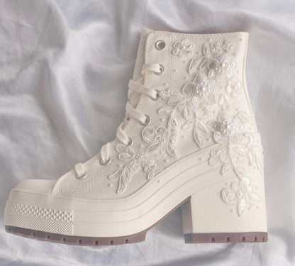 White Lace Embroidered Bridal Heeled Sneakers