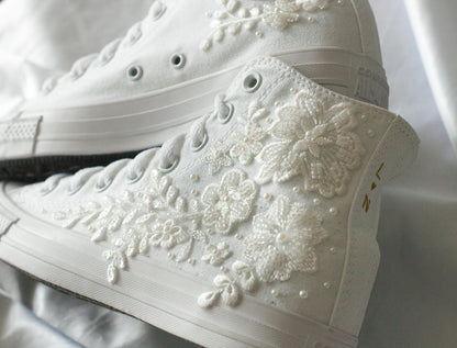 Bespoke Off-White Beaded Luxury Embroidered Pearl Bridal Sneakers