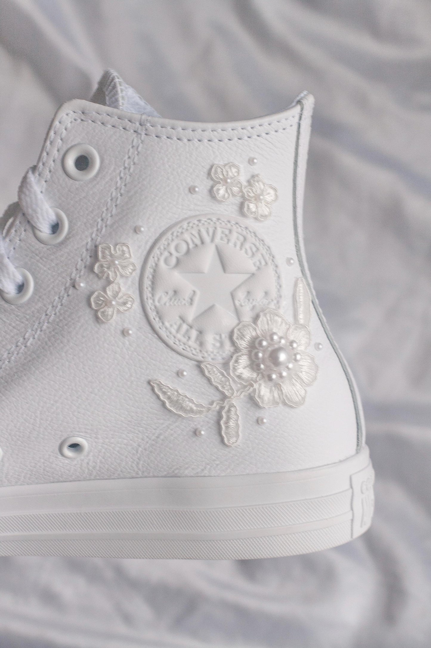 White Lace Embroidered Bridal Leather Sneakers