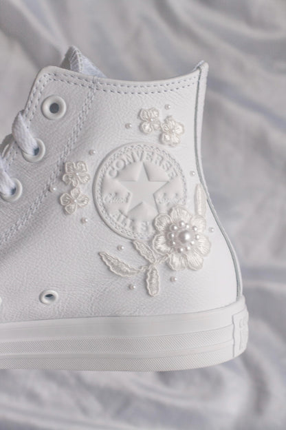 White Lace Embroidered Bridal Leather Sneakers