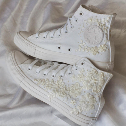 Bespoke Off-White Beaded Luxury Embroidered Pearl Bridal Sneakers